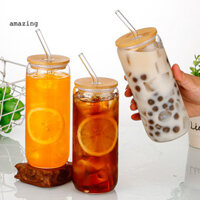 [Am] Cốc cà phê đá Cốc uống nước có nắp tre Cốc thủy tinh hình 470ml có nắp tre Ống hút thủy tinh có thể tái sử dụng cho trà cà phê đá Bia Soda Kính thân thiện với môi trường