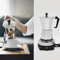 Ấm Pha Cafe Moka Pot + Bếp Điện - Combo Cả Bộ Gồm Ấm Moka 300ml ( 6 Cup ) Và Bếp Điện Mini 500W