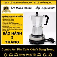 Ấm Pha Cafe Moka Pot + Bếp Điện - Combo Cả Bộ Gồm Ấm Moka 300ml ( 6 Cup ) Và Bếp Điện Mini 500W ( Chỉ Việc Dùng )