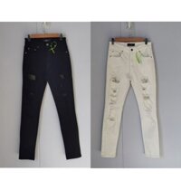 Am Phong Cách Rách Miếng Dán Ủi High Street Slim Feet Quần Denim Giặt Và Cổ Đơn Giản Nam Nữ