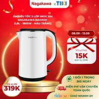 Ấm siêu tốc 2 lớp inox 304 Nagakawa NAG0321 1,8L - 1800W - Hàng chính hãng - Trắng