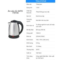 Ấm siêu tốc, ấm đun nước Inox SATO 17ST45, Công nghệ Nhật Bản – Sản xuất tại Việt Nam.
