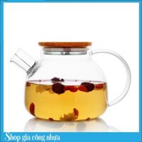 Ấm Thuỷ Tinh Nắp Gỗ 900ml Pha Trà Hoa Chịu Nhiệt Tốt - Bình Pha Trà Thủy Tinh