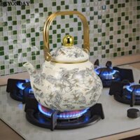 Ấm trà men BEYONDAY, Ấm đun nước tráng men hoa phong cách Trung Quốc, Bình trà dày tay cầm màu vàng hình quả lê