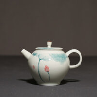 Ấm trà sứ trắng Ngọc bảo liên đăng hoạ tiết vẽ tay thủ công