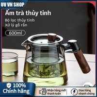 ấm trà thuỷ tinh ấm pha trà giữ nhiệt Nâng cấp dày bộ tách trà Bình Ủ Trà thuỷ tinh lọc trà Xử lý gỗ rắn 600ML