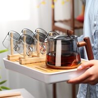 Ấm trà thủy tinh chịu nhiệt màu xám quai gỗ, thủy tinh chịu nhiệt cao cấp, ấm trà có lõi lọc thủy tinh