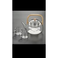 ấm trà thủy tinh nắp và tay cầm bằng gỗ có lọc trà bên trong hàng cao cấp nấu được trên bếp từ tặng muỗng xúc trà tre