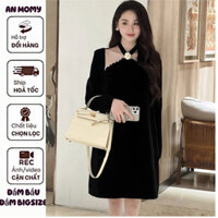 🍀AM301( BẦU-BIGSIZE) Váy thiết kế cổ đính ngọc vải Nhung tuyết Hàn cao cấp sang chảnh- váy tiệc