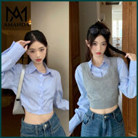 AMANDA, Áo sơ mi nữ hàn quốc hot trend 2023, Suông Chất Cotton Cao Cấp áo sơ mi croptop nữ, Chất thun len tăm mềm mịn