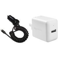 AmazonBasics Coiled Cable Lightning Car Charger, 1.5 Foot, Black Bundle with AmazonBasics One-Port USB Wall Charger for Phone, iPad, and Tablet, 2....