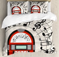 Ambesonne Jukebox Duvet Cover Set, Cartoon Antique Old Vintage Radio Music Box Party with Notes Artwork, Decorative 3 Piece Bedding Set with 2 Pill...