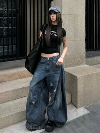 American High Street Retro Quần Jean Ống Rộng Nam Nữ Phong Cách Chất Thải Mùa Hè