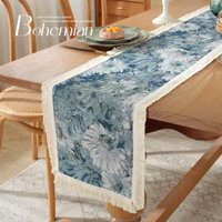 American Jacquard Table Runner với Tua Rua, Vải Lanh Dài Bàn Ăn, Vải Bàn Dài Trang Trí Nhà