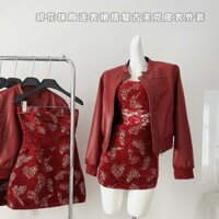 American Retro High Sense Leather Jacket Coat+Printed Tube Top Package Hip Dress Fall New Suit Women