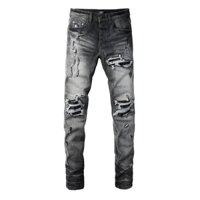 Amiri High street fashion men jeans gray slim fit elastic patch jeans hip-hop style men jeans