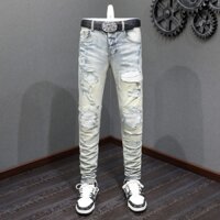 Amiri High Street Fashion Men Jeans Vintage Blue Hole White Leather Patch Button Design Hip Hop Fashion Men Jeans