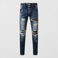 Amiri High Street Fashion Men Jeans Blue Tight Leather Patch Button placket Design High Quality Men Hip Hop Jeans