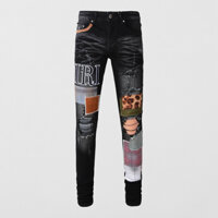 Amiri High Street Fashion New Men Jeans Black Slim Fit Patch Splicing Process Design High Quality Men Hip Hop Denim Pants