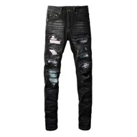 Amiri High street fashion trend men jeans with black patchwork patch craftsmanship slim fit and elastic men hip-hop style jeans