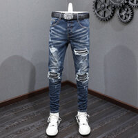 Amiri Street Fashion Men Jeans Vintage Blue Tight Leather Patch Designer Style Button Front Hip Hop Men Denim Pants