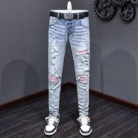 Amiri Street fashion men jeans blue slim fit elastic jeans patch design retro style men jeans