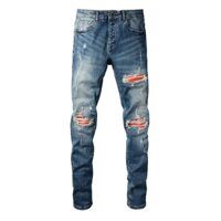 Amiri Street fashion men jeans blue stretch jeans leather patch design slim fit retro style men jeans