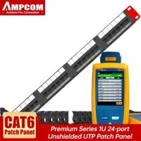 AMPCOM Bảng phân chia đường truyền dòng cao cấp CAT6 24 cổng, Gắn trên rack - 1U, 19 inch, RJ45 Ethernet 568A 568B, mạ vàng 15u, có thanh hỗ trợ dây phía sau