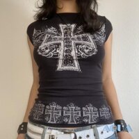 Anana-2025 Nữ Gothic In Chữ Thập - Áo Thun Cổ Tròn Slim Fit | Y2k Dark Academia Dạo Phố Mùa Hè Cho Chụp Ảnh