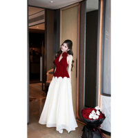 anas clothing A218 _ Váy đầm thiết kế yếm nhung đỏ, chân váy voan dài xoè sang trọng, thanh lịch