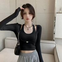 And White Buddha's wordsFake two-piece neck hanging long sleeved t-shirt for women's spring clothing 202I hope to have the Heavenly One20231221