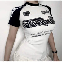 Angel Tay Ngắn - Áo Thun Nữ Trắng Tay Đen Vải Bo Gân Ôm Body