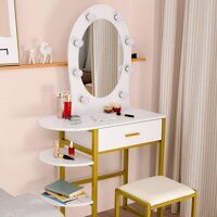 Angelbee Vanity Table with Lighted Mirrors, Small Dressing Table Soild Wood Makeup Table Desk with Drawers Large Mirror and Led Bulbs and Storage S...