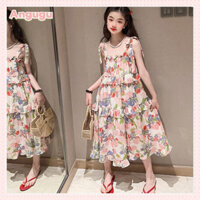 Angugu 2024 Mới Trẻ Em Thời Trang Treo Đầm Cho Trẻ Em Bé Gái Đi Biển Mùa Hè Váy Kỳ Nghỉ Cho Bé Gái 4-14 Tuổi Teen Váy Hoa