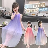 Angugu 2025 Mới Trẻ Em Suspender Đầm Cho Bé Gái Đi Biển Mùa Hè Không Tay Gradient Váy Cho Trẻ Em 3-13 Tuổi Teen Quần Áo