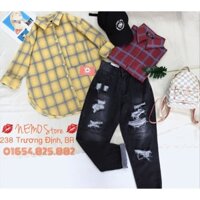 (ẢNH CHỤP THẬT SHOP NEMO) Áo somi caro + Quần jean baggy rách form siêu đẹp (có bán lẻ áo và quần)