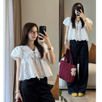 (ẢNH OLDSCHOOL) Áo babydoll ren xô hoa trắng tay bồng dáng ngắn REMY TOP