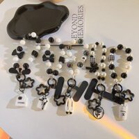 Ánh Sáng Sang Trọng Cao Cấp Nơ Đính Hạt Đen Trắng Handmade Dây Điện Thoại Di Động Dây Ngắn Vòng Tay Móc Khóa Treo Dây Xích Nữ