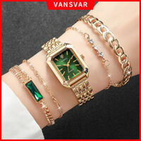 Ánh sáng sang trọng Tinh tế Đồng hồ nữ cao cấp Dây đeo bằng thép không gỉ Mặt số hình chữ nhật Đồng hồ thạch anh Niche Đơn giản Đa năng Bộ bốn mảnh kim cương xanh