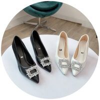 Ảnh thật 100% giày cao gót đá vuông trắng mũi nhọn gót nhọn