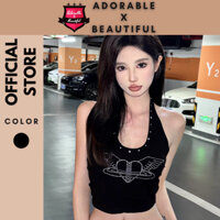 [Ảnh Thật] Áo 3 Lỗ Halter Cổ Tròn Đen Đính Hạt Đá Y2K, Áo Ba Lỗ Thun Dày Dáng Lửng Cá Tính Sexy [AdorablexBeautiful]