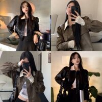 [ẢNH THẬT] ÁO KHOÁC DA TÚI HỘP PHỐI MÀU DÁNG NGẮN SUÔNG RỘNG AKDTHP