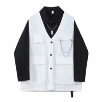 [Ảnh Thật] Áo Khoác Gile Không Tay Túi Hộp Trắng Phối Nút Gài Unisex Nam Nữ Thời Trang Cá Tính