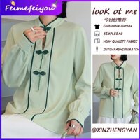 [Ảnh Thật] Áo Kiểu Tay Dài Cài Nút Màu Xanh Lá Cây Xinh Đẹp Phong Cách Trung Hoa Mới Cho Nữ