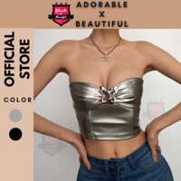 [Ảnh thật] Áo Ống Da PU Khuy Bướm Đen Xám Y2k, Áo Quây Tube Dây Kéo Sau Form Croptop Gợi Cảm [AdorablexBeautiful]