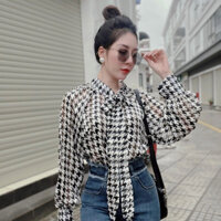 [Ảnh Thật] Áo Sơ Mi Lụa Tơ Thắt Nơ Cổ Hoạ Tiết Caro Nanh Sói