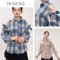 (Ảnh thật) Áo sơ mi nữ khoét vai dài tay form rộng kẻ caro vintage Áo kiểu nữ dáng suông thụng bigsize retro T1040G