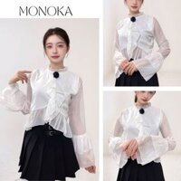 (Ảnh thật) Áo sơ mi tiểu thư  trắng dáng ngắn croptop dài tay loe phối bèo kèm hoa chất voan 2 lớp Áo kiểu nữ T1073G