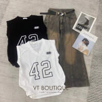 [Ảnh thật] Áo thun cotton giấy form thụng giấu quần cổ tim sát nách nam nữ in SỐ 42 freesize 2 màu hottrend