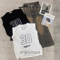 [Ảnh thật] Áo thun cotton giấy form thụng giấu quần cổ tim sát nách nam nữ in SỐ 42 freesize 2 màu hottrend